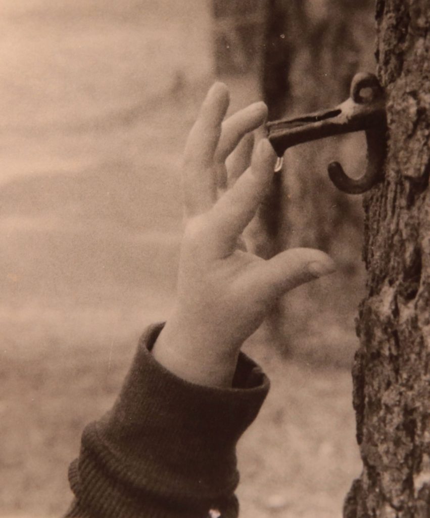 A child's finger tries to stop the flow of drips